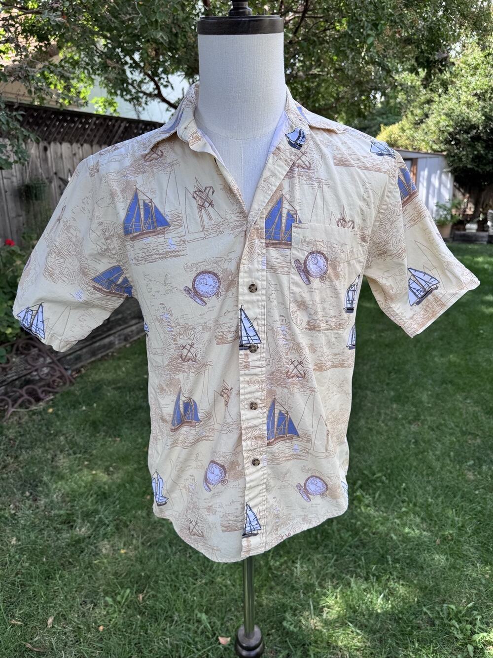 Puritan Men's S Short Sleeve Button Down Shirt Yellow Nautical Map Sailboat